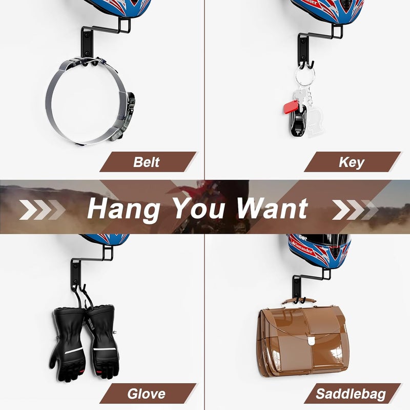 NANAGIFTREE Helmet Holder Wall Mount, 2 Pack Motorcycle Helmet Rack, Helmet Hanger Rack Motorcycle with 2 Hooks Helmet Hanger for Motorcycle Bike Coats, Caps, Baseballs and Rugby Helmet - Image 4
